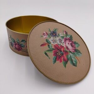 Vtg 80s Guildcraft Round Tin Cover Embossed Needlepoint Look Floral Cottage USA
